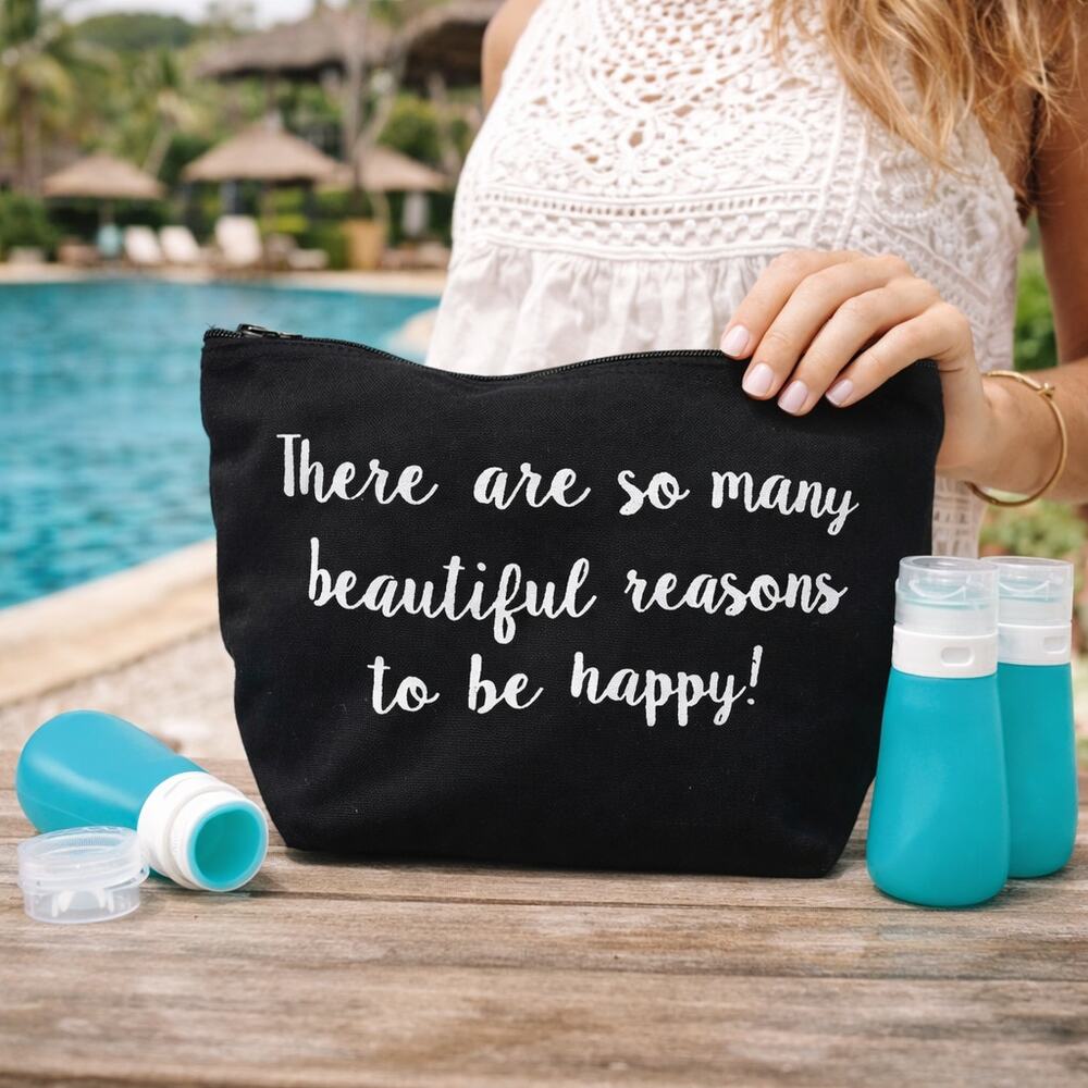 Inspirational Makeup Bag Set Be Happy Quote w Travel Bottles NWT